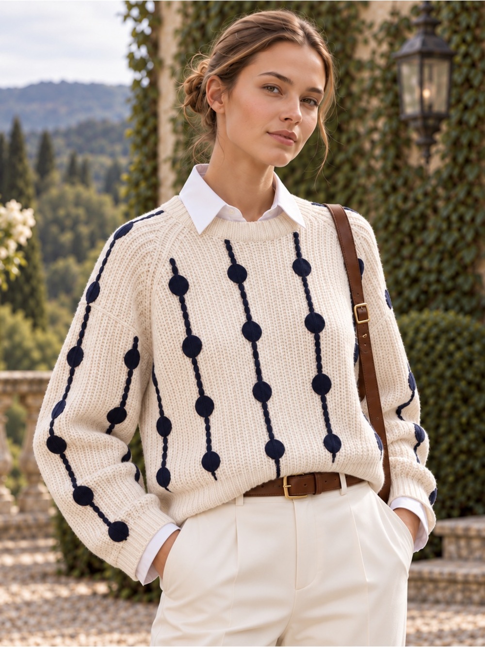 Tory Sport Tory Burch Dot Crop Merino Wool Sweater M Ivory Navy Preppy Designer